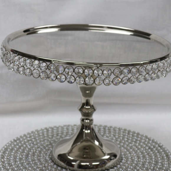 BRILLANTE STAINLESS STEEL POLISHED CAKE SERVER STAND WITH PEDESTAL & CRYSTALS